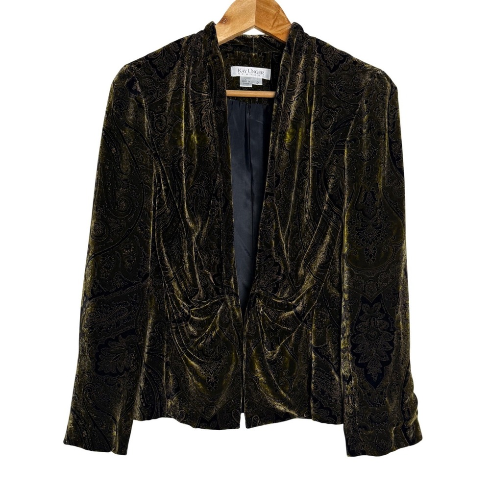 Kay Unger Blazer Womens 12 Paisley Burnout Velvet Olive Green Silk Blend EUC
